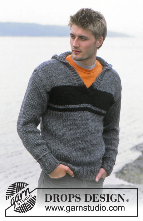Theodor / DROPS 85-1 - Męski sweter na drutach, z kapturem, dekoltem V i w paski, z włóczki DROPS Snow