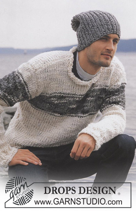 Johnny / DROPS 85-12 - Men's knitted jumper with stripes in DROPS Ull-Flamé and slouch hat in DROPS Alpaca
