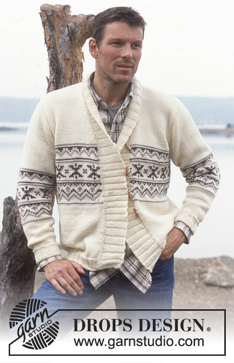 Winter Lodge / DROPS 85-15 - Rozpinany męski sweter na drutach, z szalowym kołnierzem i żakardem norweskim, z włóczki DROPS Alaska.