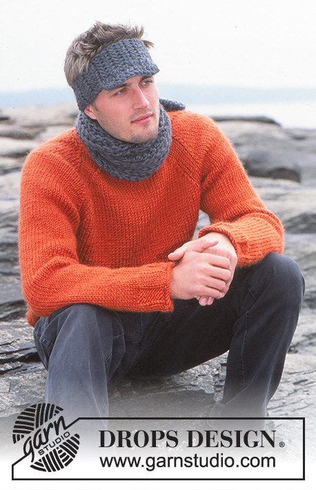 Nils / DROPS 85-3 - Męski komplet: sweter na drutach z reglanowymi rękawami, szalik na drutach ściegiem angielskim i opaska z daszkiem na szydełku z włóczki DROPS Snow. Od 12 lat do rozmiaru XXL.