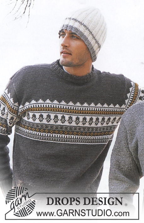 Outdoors / DROPS 85-5 - Męski sweter na drutach, z żakardem norweskim, z włóczki DROPS Karisma i czapka na drutach ściągaczem, z włóczki DROPS Alaska