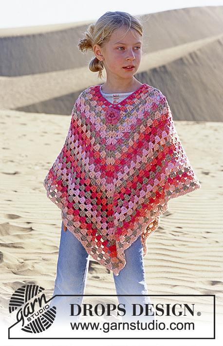 Little Sophie / DROPS 89-6 - Crochet DROPS poncho in Paris with flower mid front in Safran