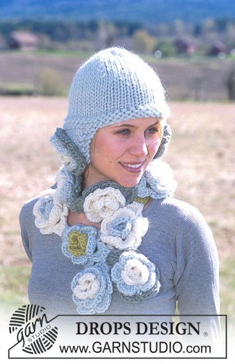 DROPS 93-39 - DROPS Hat with flower attachments and crochet flower scarf in Snow 
