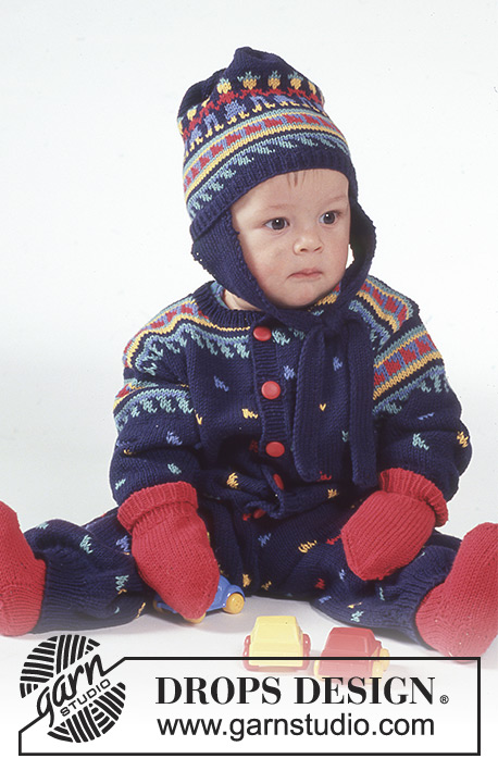 Liam / DROPS Baby 1-12 - Drops Suit, hat, mittens and socks in Safran.