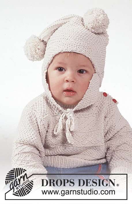 Winter Bunny / DROPS Baby 1-2 - Aran DROPS tröja i Safran och mössa med garnbollar