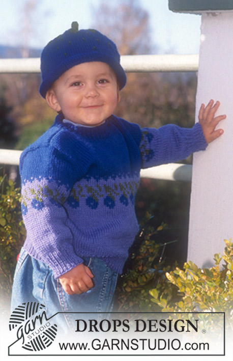Berry Cute / DROPS Baby 10-1 - Stickad blåbärmössa och tröja i DROPS Karisma. Tröja storlek 1/3mån - 2år. Mössa 0/6mån - 8år.
