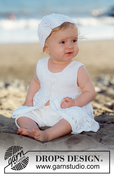 Beach Baby / DROPS Baby 10-7 - Stickat set med klänning och mössa till baby och barn i DROPS Safran. Arbetet stickas utan ärmar och med hålmönster. Storlek 6 mån - 4 år.