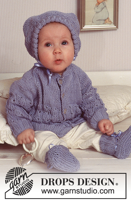 Sweet Violet Set / DROPS Baby 11-10 - Rozpinany sweter, czapka i kapcie na drutach, z włóczki DROPS Muskat