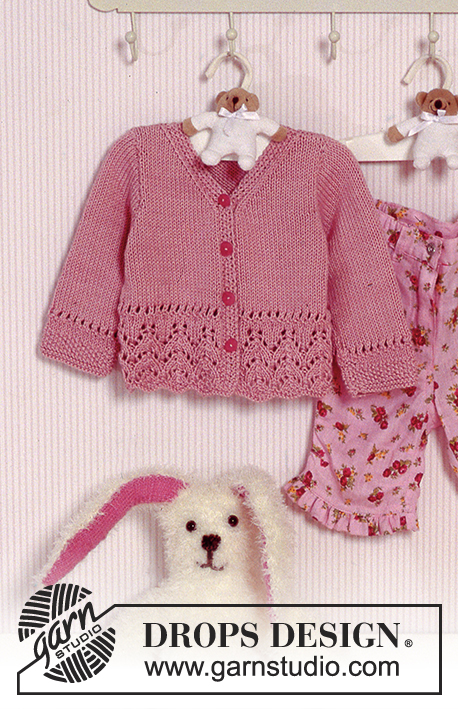 Precious Emilia / DROPS Baby 11-2 - Ażurowy rozpinany sweterek na drutach z włóczki DROPS Muskat