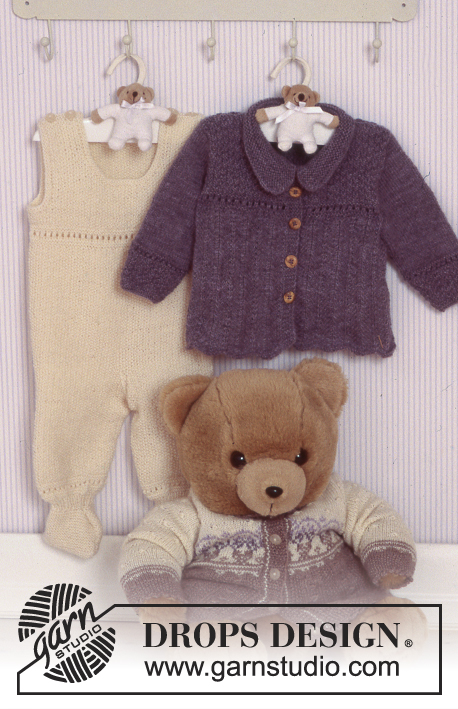 Little Ben Set / DROPS Baby 11-7 - Rozpinany sweter i śpioszki na drutach, z włóczki DROPS Alpaca