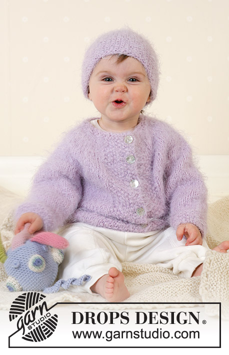 Baby Sofie / DROPS Baby 13-11 - Dziecięcy sweter na drutach z zaokrąglonym karczkiem i czapka, z włóczki DROPS Symphony lub DROPS Melody
