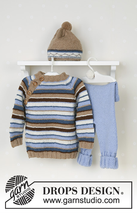 Swab the Deck / DROPS Baby 13-12 - Dziecięcy sweter, spodnie i czapka na drutach, z włóczki DROPS Alpaca