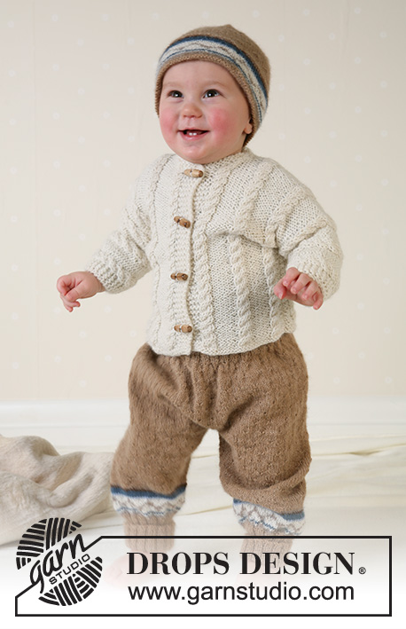 Marelius / DROPS Baby 13-14 - Dziecięcy sweter, spodnie i czapka na drutach, z włóczki DROPS Alpaca