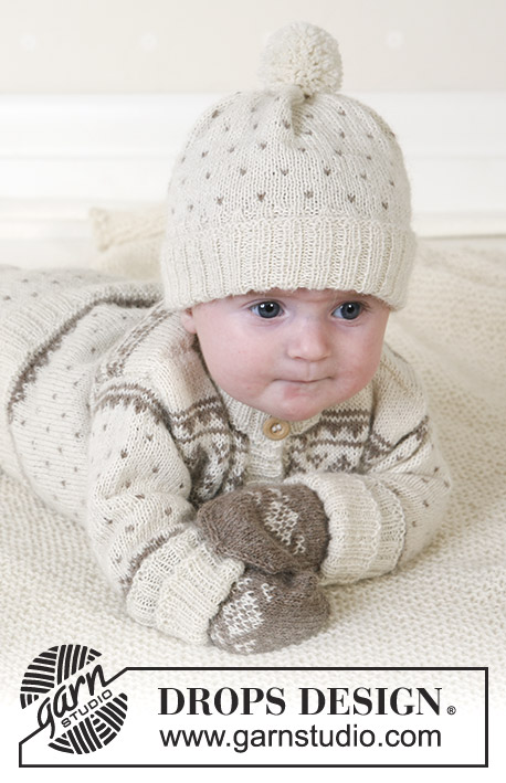 Winter Snuggles / DROPS Baby 13-5 - Dziecięcy sweter, spodnie, czapka, rękawiczki i skarpetki na drutach, z włóczki DROPS Alpaca