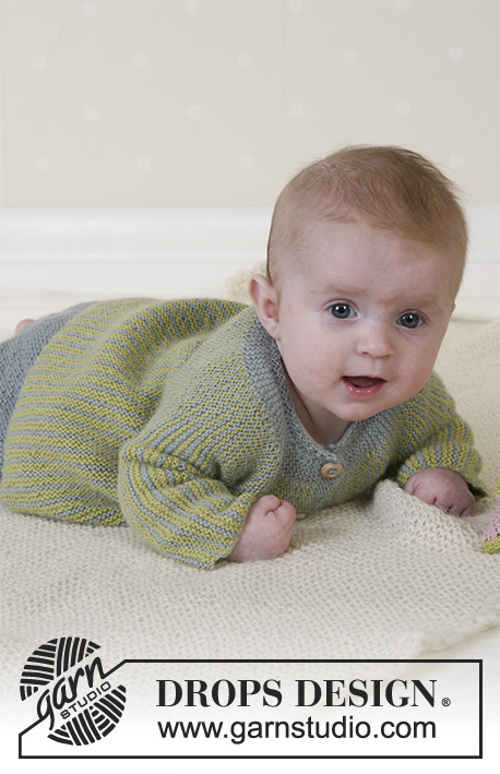 Little Fern / DROPS Baby 14-27 - Retstrikket sæt med jakke i vendepinde strikket sidelæns og retstrikkede bukser til baby og børn i DROPS Alpaca. Størrelse 1 måned til 4 år.