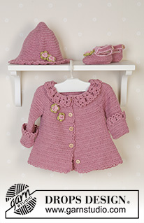 Little Miss Berry Cardigan / DROPS Baby 14-5 - Dziecięcy rozpinany sweter z zaokrąglonym karczkiem i ażurowym kołnierzem, letni kapelusz i kapcie z włóczki DROPS Alpaca. Rozmiary od 1 miesiąca do 4 lat.