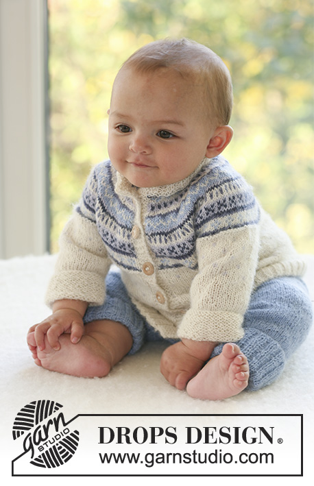 Himmelblå / DROPS Baby 16-10 - Strikket trøje med rund bærestykke og nordisk mønster og bukser til baby og børn i DROPS Alpaca.