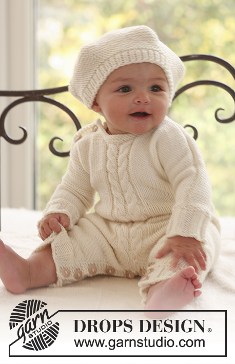 Little Lamb / DROPS Baby 16-2 - Conjunto de boina e macacão com torcidos tricotado em DROPS Merino Extra Fine para bebés 