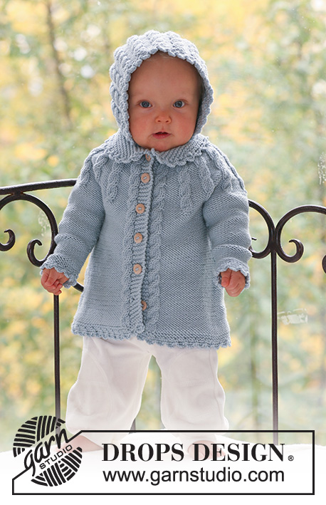 Cable Princess / DROPS Baby 17-1 - Niemowlęcy lub dziecięcy rozpinany sweter i czapka na drutach, z warkoczami, z włóczki DROPS Merino Extra Fine