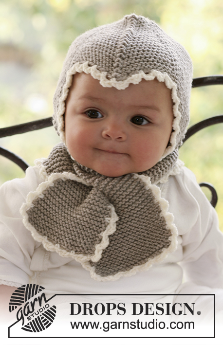 Little Acorn / DROPS Baby 18-1 - Bonnet et Écharpe au tricot pour bébé et enfant, au point mousse, avec bordures au crochet, en DROPS Merino Extra Fine.
