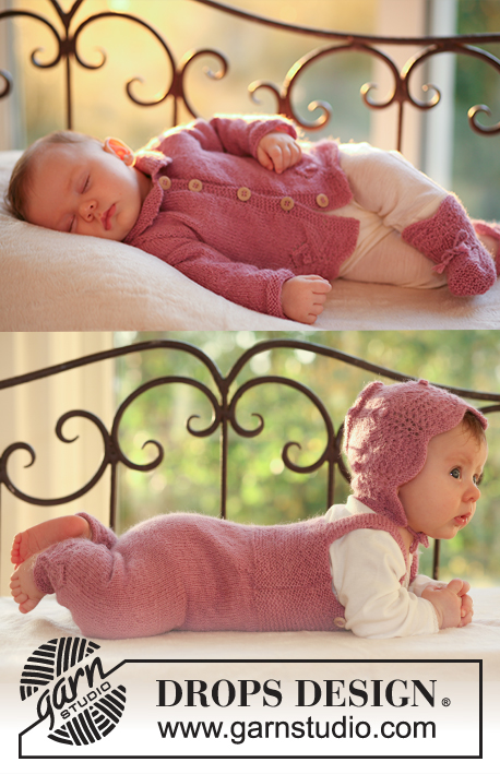 Roly Poly / DROPS Baby 18-14 - Conjunto de casaco, jardineiras, gorro e botinhas em tricô para bebés e crianças em DROPS Alpaca 
