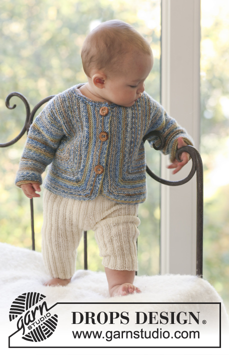 Killian / DROPS Baby 18-25 - Komplet: niemowlęcy i dziecięcy rozpinany sweterek na drutach, z motywem domino ściegiem francuskim z włóczki DROPS Fabel i spodenki na drutach, ściągaczem, z włóczki DROPS Alpaca