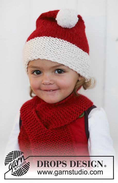 Little Miss Claus / DROPS Baby 19-12 - Niemowlęca i dziecięca świąteczna czapka i szalik na drutach, przerabiane 2 nitkami włóczki DROPS Alpaca