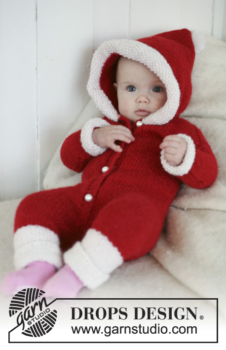 My First Christmas / DROPS Baby 19-16 - Fato de Natal com capuz tricotado com 2 fios DROPS Alpaca para bebés e crianças 

