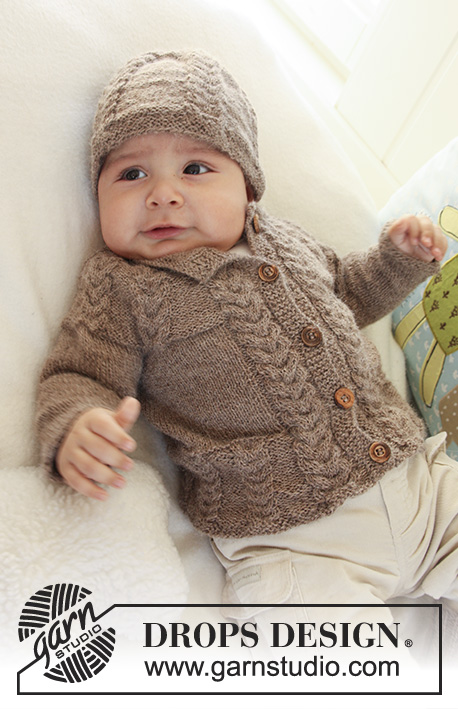 Little Chestnut / DROPS Baby 19-17 - Conjunto de chaqueta de punto con mangas raglán, gorro y botitas con torsadas, para bebé y niños, en DROPS Alpaca