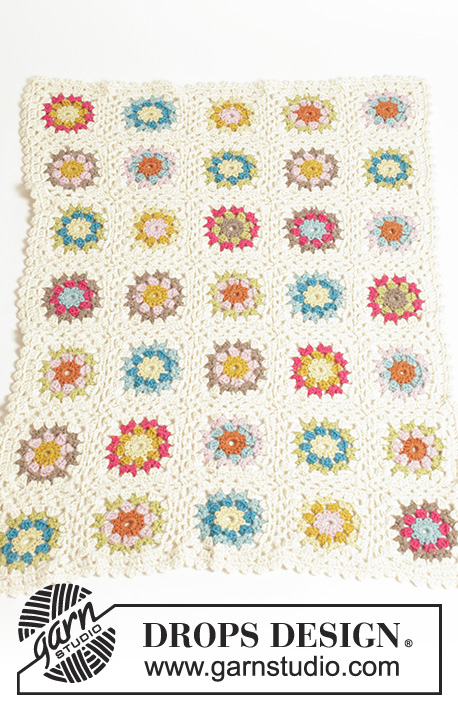 Granny's Little Girl / DROPS Baby 19-22 - Colourful crochet baby blanket with granny squares in 2 threads DROPS Alpaca.