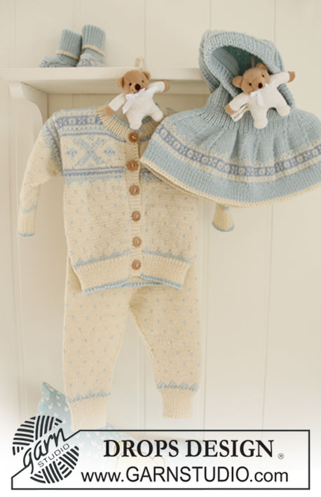 Jonas Booties / DROPS Baby 19-26 - Ensemble au tricot pour bébé et enfant: Gilet, pantalon, cagoule et chaussettes au tricot avec jacquard nordique, tricotés en DROPS BabyMerino. 
