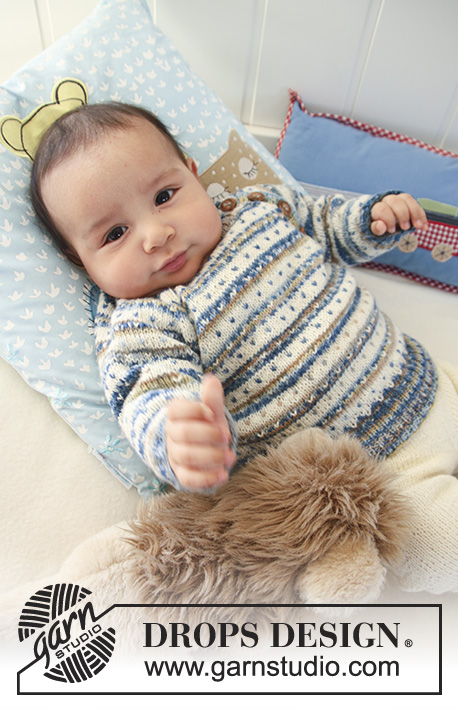 Hello Stripes / DROPS Baby 19-3 - Komplet: niemowlęcy i dziecięcy sweterek na drutach, w kropki i paski, z reglanem, spodenki i skarpetki z włóczki DROPS Fabel