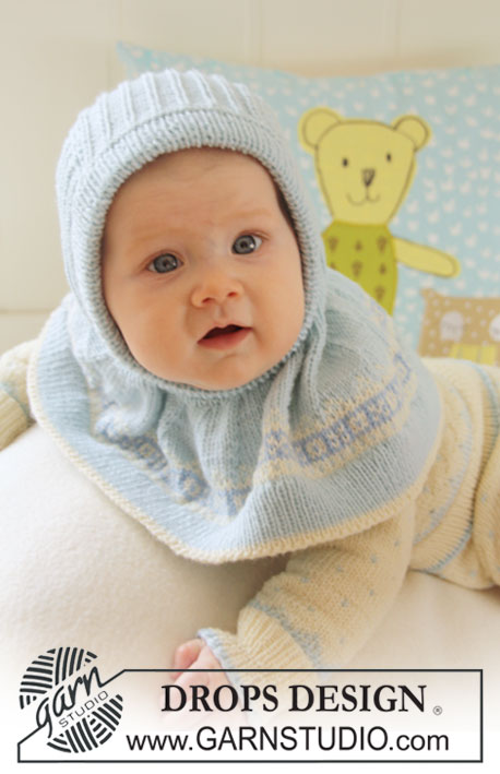 Jonas / DROPS Baby 19-32 - Settiin kuuluu: Vauvan ja lapsen kuviolliset jakku, housut, huppumyssy ja sukat DROPS BabyMerino -langasta.