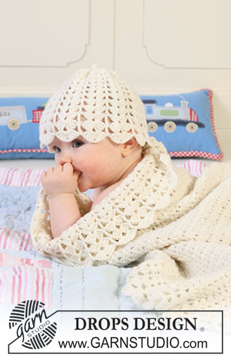 Sweet Buttercup Blanket / DROPS Baby 19-6 - Set med virkad filt med bred kant i solfjädersmönster och mössa till baby och barn i DROPS BabyMerino. Tema: Babyfilt