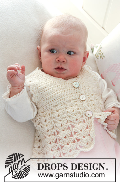 Sweet Buttercup Vest / DROPS Baby 19-7 - Colete em croché com ponto de leques em DROPS BabyMerino para bebés e crianças
