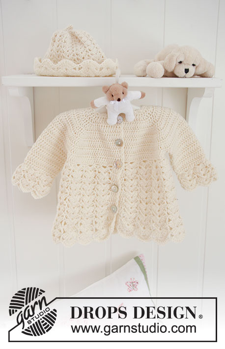 Sweet Buttercup / DROPS Baby 19-8 - Dziecięcy komplet na szydełku: rozpinany sweter z reglanowymi pokrojami rękawów i wzorem wachlarzy i czapeczka, z włóczki DROPS BabyMerino.