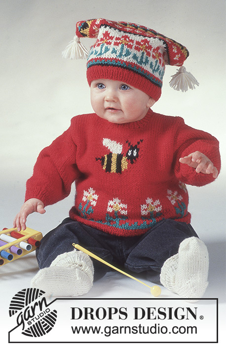 To Bee / DROPS Baby 2-1 - Sett i Karisma med Humla: DROPS tröja, mössa med garnbollar och sockor.