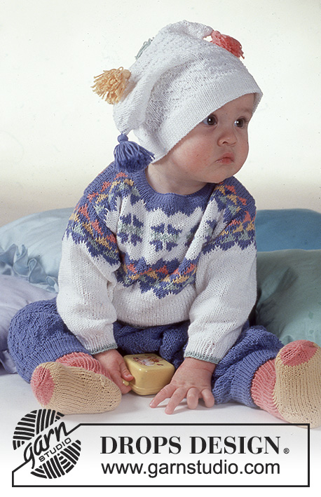 Arlequin Ensemble / DROPS Baby 2-14 - DROPS jumper with star pattern, trousers, hat and socks in “Camelia”.