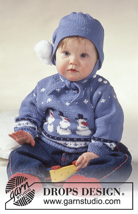 Fun with Frosty / DROPS Baby 2-8 - Stickat set med jultröja, mössa och sockar till baby och barn i DROPS Camelia eller DROPS Safran. Tröjan stickas med flerfärgat mönster med snögubbe. Storlek 3 månader - 3 år. Tema: Jul