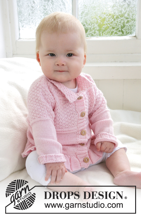Lea / DROPS Baby 21-14 - Rozpinany dziecięcy sweter na drutach, ściegiem strukturalnym z brzegiem falbanką, z włóczki DROPS BabyAlpaca Silk