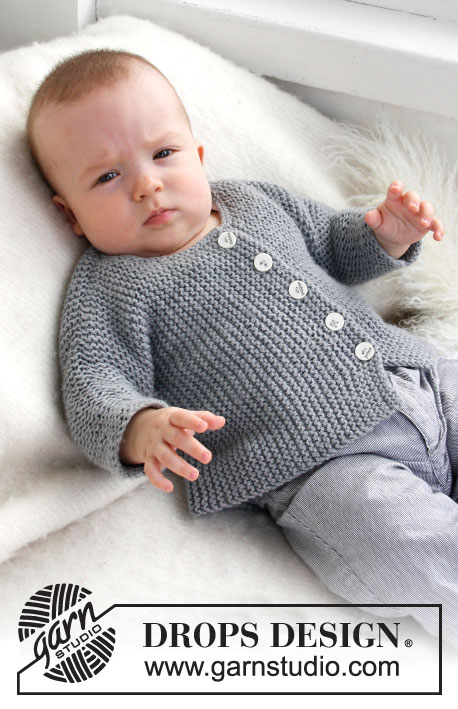 Grey Gosling / DROPS Baby 21-39 - Casaco tricotado de um lado ao outro para bebés e crianças com 2 fios DROPS Alpaca