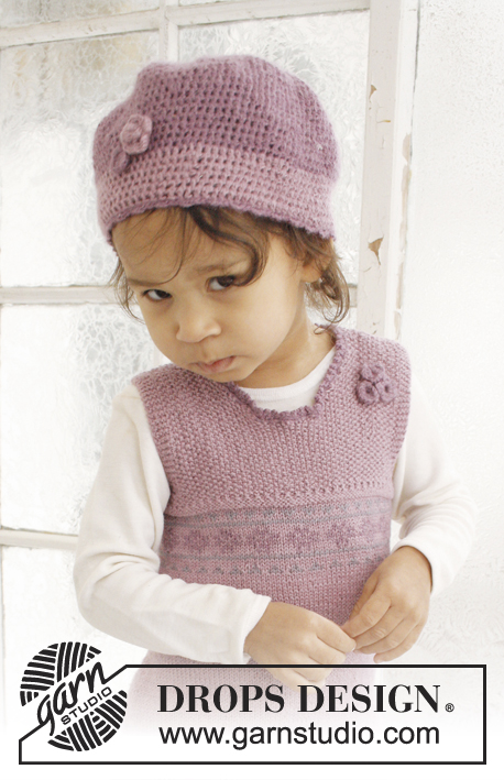 Sweet Violette / DROPS Baby 21-6 - Set van gebreide jurk en gehaakte muts voor baby en kinderen in DROPS BabyAlpaca Silk
