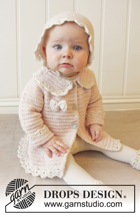 Little Lady Rose / DROPS Baby 25-12 - Sweter rozpinany DROPS wykonywany z góry na dół na szydełku, z reglanem i brzegami wzorem wachlarzy, z włóczki „BabyAlpaca Silk”. ROZMIARY od 0-4 lat.
