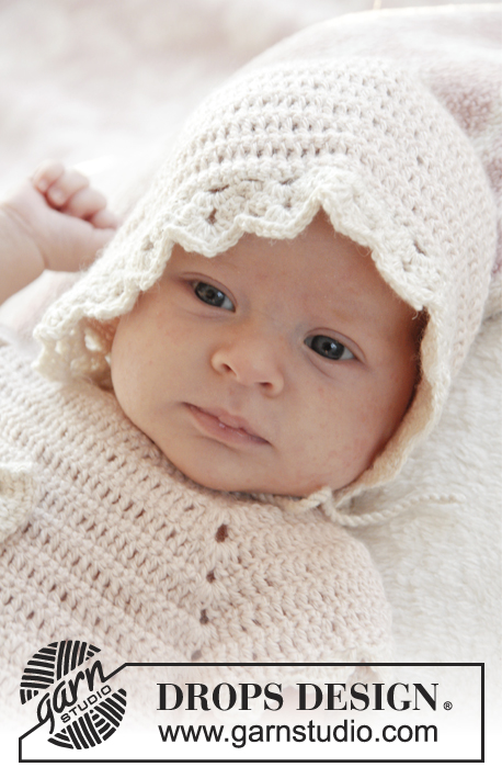 Camille / DROPS Baby 25-14 - Gorro  em croché com ponto de leques para bebés em DROPS BabyAlpaca Silk. Tamanhos 0 - 4 anos.