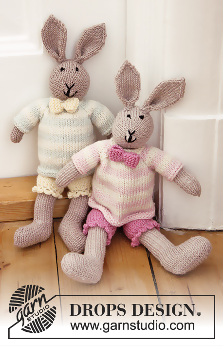 Mrs. Bunny / DROPS Baby 25-36 - Neulottu jänis housuilla, puserolla ja rusetilla DROPS BabyMerino -langasta.