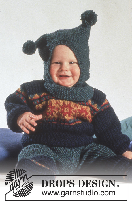 Polichinelle / DROPS Baby 3-14 - Stickat nordisk Set (tröja, byxor, sockor och mössa / balaclava med garnbollar) i DROPS Karisma med Stjärnor.