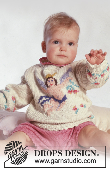 Little Angel / DROPS Baby 3-16 - Strikket sett til baby og barn med genser i DROPS Paris og shorts i DROPS Safran. Arbeidet strikkes med flerfarget mønster med engel og kant hekles. Størrelse 3 mnd - 3 år.
