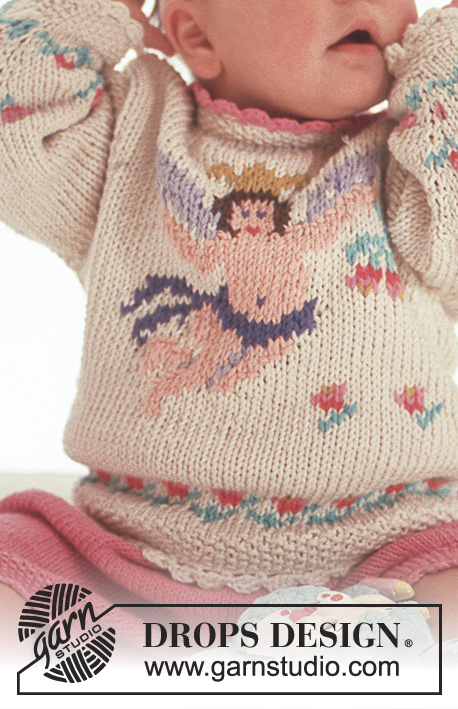 Little Angel / DROPS Baby 3-16 - Strikket sett til baby og barn med genser i DROPS Paris og shorts i DROPS Safran. Arbeidet strikkes med flerfarget mønster med engel og kant hekles. Størrelse 3 mnd - 3 år.