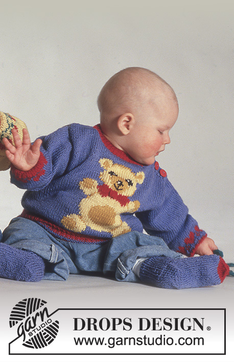 Bear Friends / DROPS Baby 3-4 - DROPS Trui met een beertje van BabyMerino en Alpaca inclusief muts en sokken.