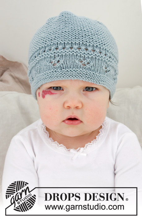 Odeta Hat / DROPS Baby 31-2 - Czapka dziecięca na drutach, ze ściegiem ażurowym i ściegiem francuskim, z włóczki DROPS BabyMerino. Od wcześniak do 4 lat.